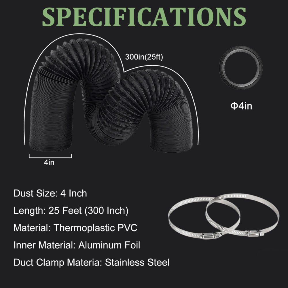 4/6inch flexible aluminum duct, heavy-duty 4-layer protection, 25 feet long, suitable for heating, cooling, ventilation and exhaust scenarios