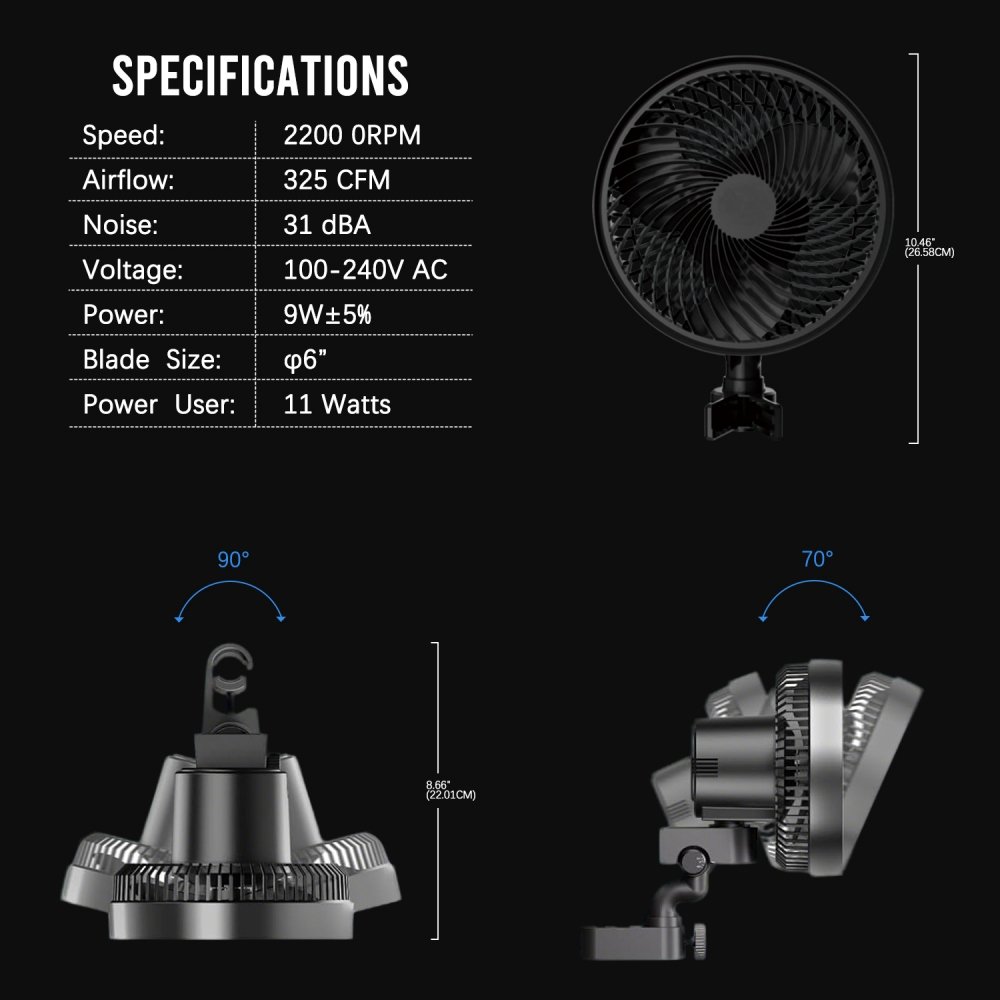 Grow Tent Clip Fan 6”, EC Motor, Smart Control, Powerful Oscillating Fan, Black