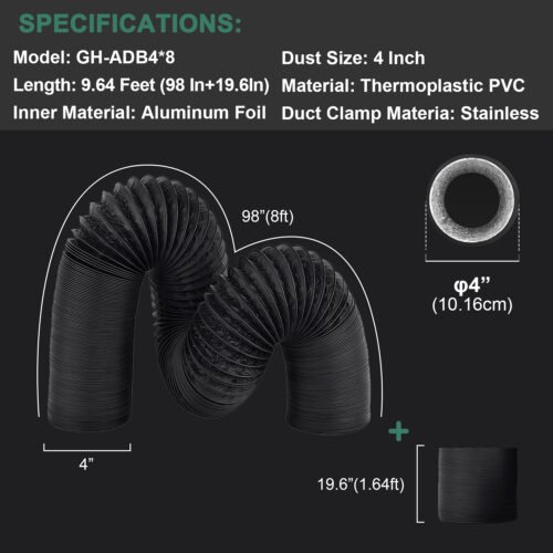 4/6inch flexible aluminum duct, heavy-duty 4-layer protection, 25 feet long, suitable for heating, cooling, ventilation and exhaust scenarios