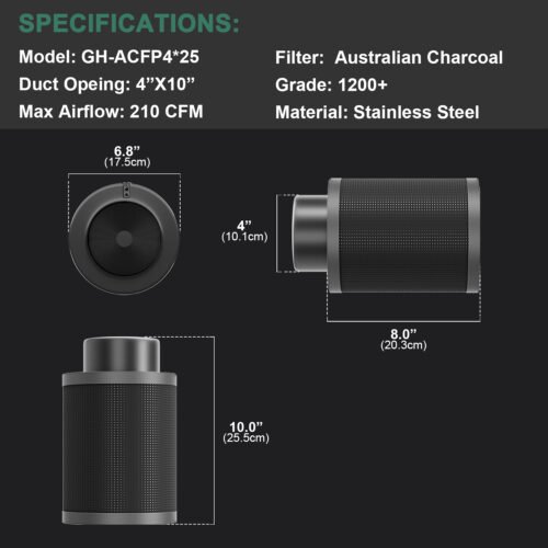 4X10 4*10Inch Hydroponic Air Carbon Filter Australian Charcoal Odor Scrubber Reversible Flange Included