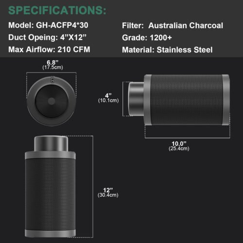 4X12 4*12Inch Hydroponic Air Carbon Filter Australian Charcoal Odor Scrubber Reversible Flange Included