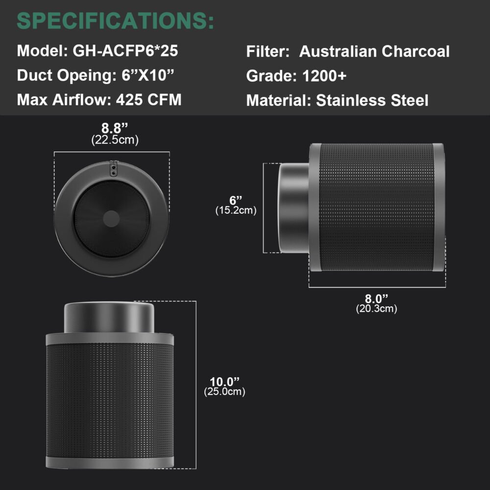 6*10Inch Hydroponic Air Carbon Filter Australian Charcoal Odor Scrubber Reversible Flange Included
