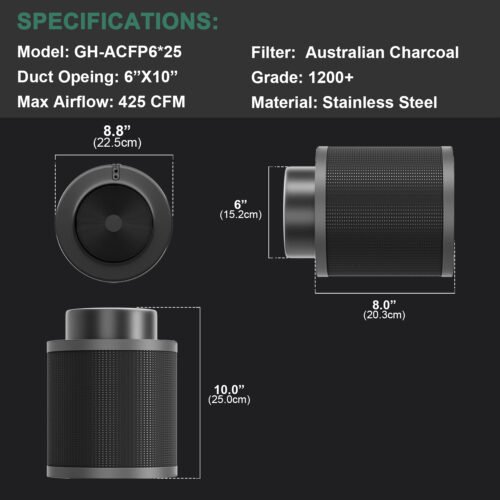 6*10Inch Hydroponic Air Carbon Filter Australian Charcoal Odor Scrubber Reversible Flange Included