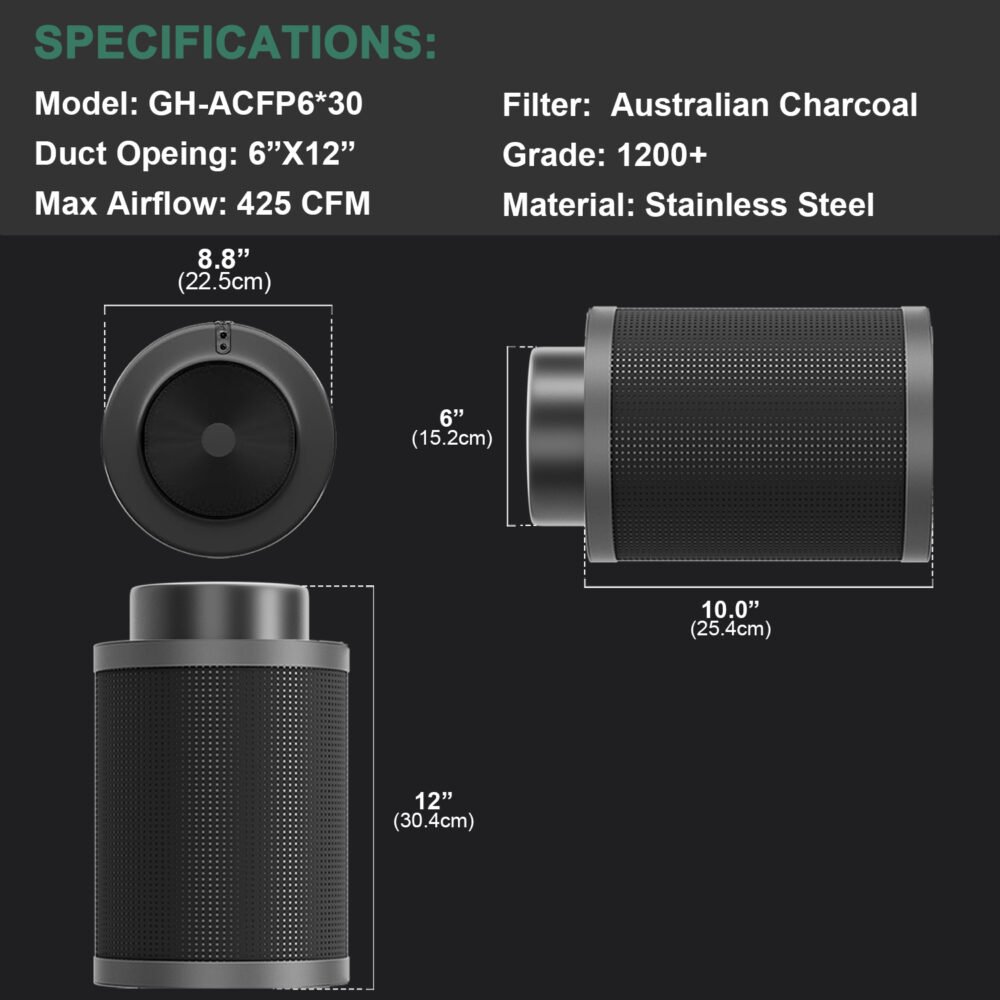 6*12Inch Hydroponic Air Carbon Filter Australian Charcoal Odor Scrubber Reversible Flange Included