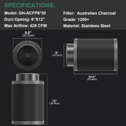 6*12Inch Hydroponic Air Carbon Filter Australian Charcoal Odor Scrubber Reversible Flange Included