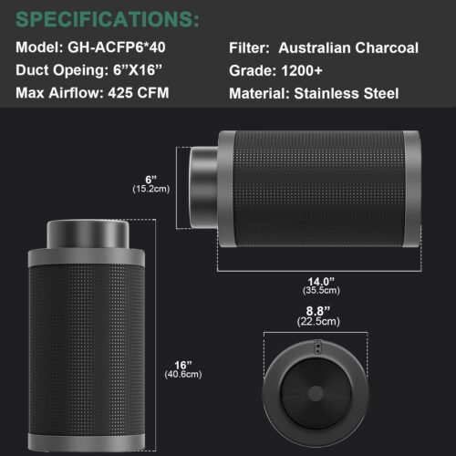 6*16Inch Hydroponic Air Carbon Filter Australian Charcoal Odor Scrubber Reversible Flange Included