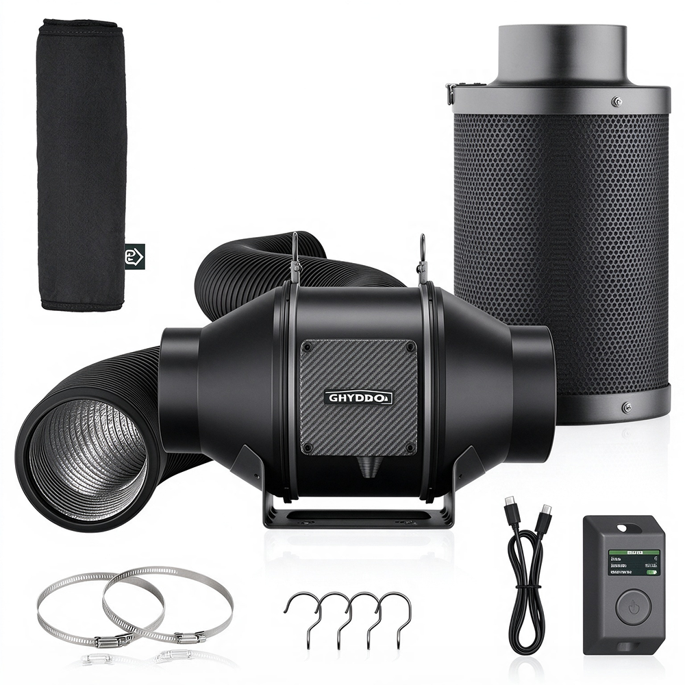 4 Inch Inline Duct Fan Ventilation Kit, 205 CFM Quiet EC Fan with LCD Speed Controller, Carbon Filter & Flexible Ducting for Grow Tent Hydroponics