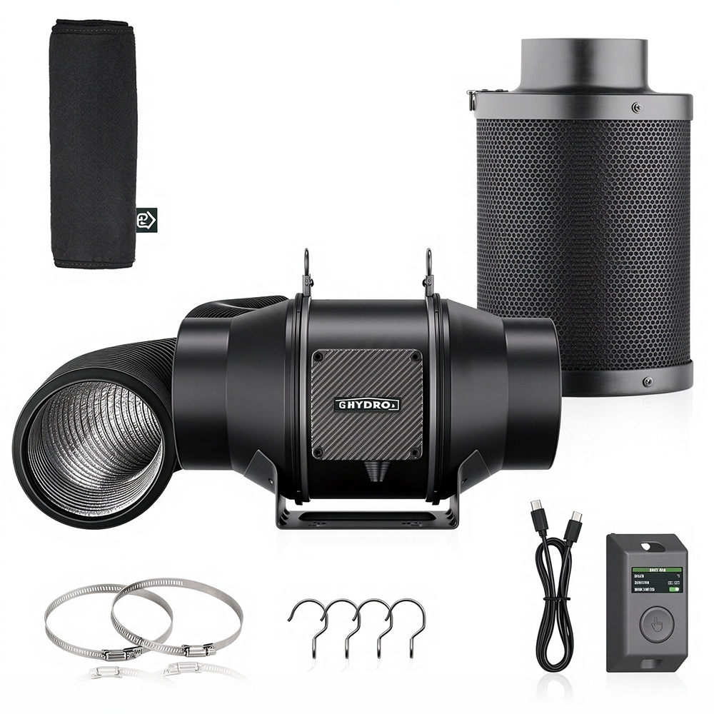 6 Inch Inline Duct Fan Ventilation Kit, 402 CFM Quiet EC Fan with LCD Speed Controller, Carbon Filter & Flexible Ducting for Grow Tent Hydroponics
